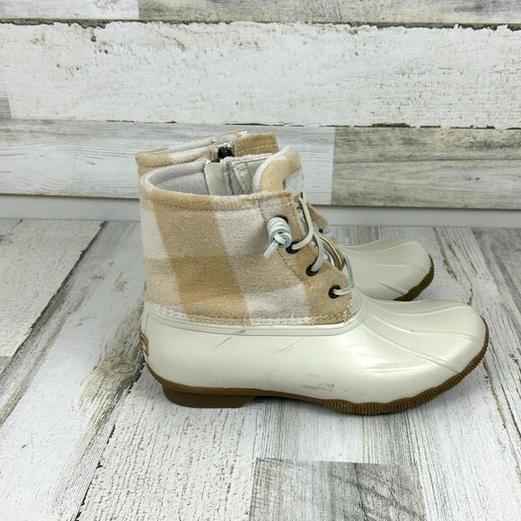 Sperry Women’s 7.5 Saltwater Cream Tan Buffalo Check Wool Ivory Duck Boots NEW - Picture 2 of 11